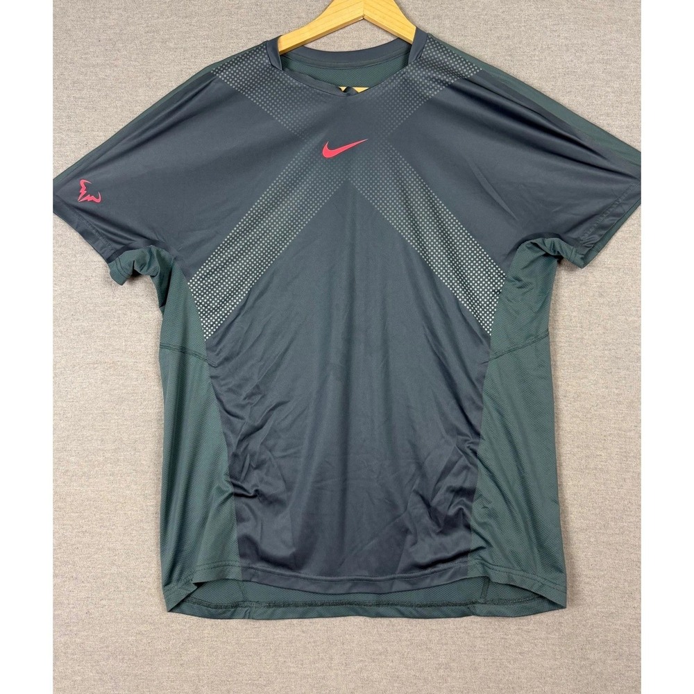 Nike Rafa Nadal Dri-FIT Tennis Shirt Mens Large Green Pink Bull Logo 644786-387